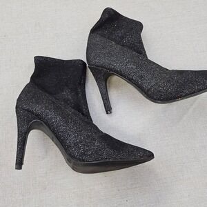 Brash Black Glitter Sparkle‎ Sock Boots Pointed Toe Stiletto Heel Womens 8.5